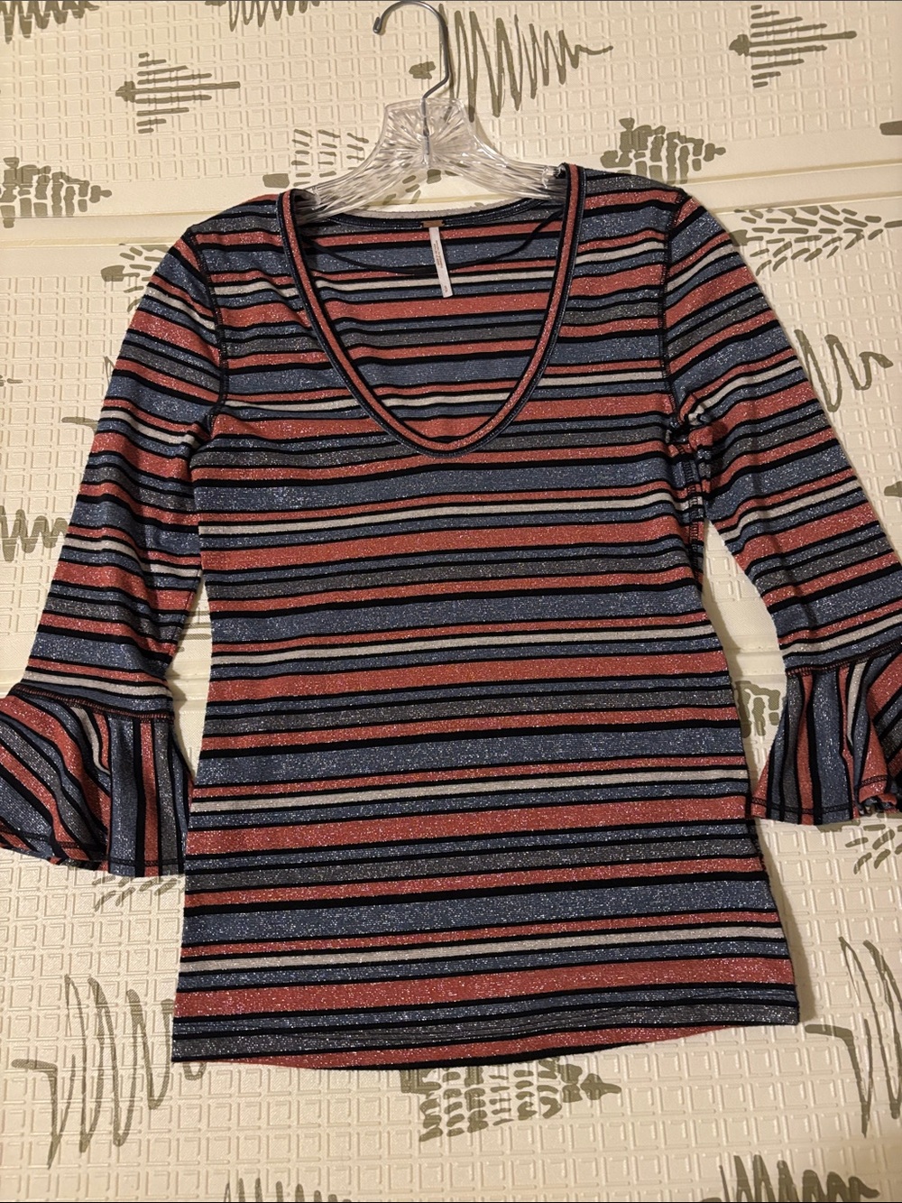 Free People Striped Glitter V-Neck Bell Sleeve Top - grey ish blue & dark orange